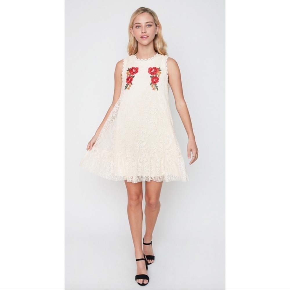 Romantic embroidered Cream Lace Dress
